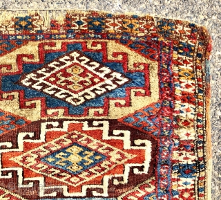 Antique tribal rug with bold large Memling guls and thick fleecy pile. Possibly east Anatolian origin? Excellent natural colors. Mostly good thick pile with scattered wear, creases, tears, brown oxidation and end  ...