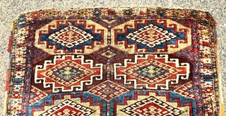 Antique tribal rug with bold large Memling guls and thick fleecy pile. Possibly east Anatolian origin? Excellent natural colors. Mostly good thick pile with scattered wear, creases, tears, brown oxidation and end  ...