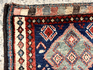 Antique little Persian bag face with lovely colors including an eye catching green central medallion. Nice thick pile. Fine thin wefting. Veramin? Clean. As nice as it gets. One of my personal  ...