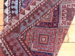 Interesting older little mystery pile weaving. Looks to be Kurdish by design but weave unlike typical diamond bag. Not offset knotted. Ends have original remnant flat weave kelim with no indication of  ...