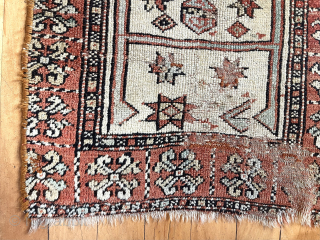 Antique something. Manastir? Yastik? A singular little weaving. Some original end flat weave. Holes, wear, edge loss. Still I always liked it. 19th c.
22”x 46”
waynecbarron@aol.com