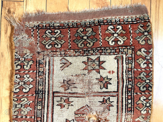 Antique something. Manastir? Yastik? A singular little weaving. Some original end flat weave. Holes, wear, edge loss. Still I always liked it. 19th c.
22”x 46”
waynecbarron@aol.com