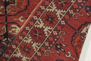 antique little tekke rug in good condition with all natural colors and interesting skirt panels. Even pile with slight center wear as shown. "as found", no repairs and could use a good  ...