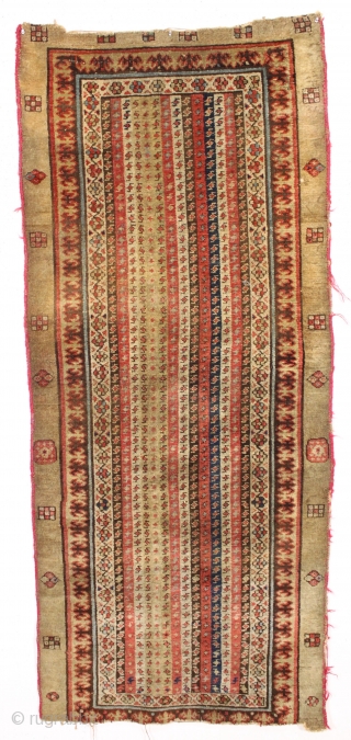 antique serab rug with an unusual cane design field and nice smaller size. "as found", very very dirty with decent pile but rough ends and priced accordingly. Horrible modern selvage wrapping but  ...