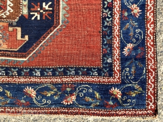 Antique large Caucasian rug with some unusual features. Although presumably Kazak, possibly Armenian, with Lori Pombak medallions. The rug has unusually open drawing and is fitted with a very  delicate floral  ...