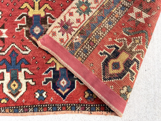 Old little pile fragment. A Bagface? Or the remains of a larger weaving. Design and color (cochineal) point to karrabagh. Whatever it is I like it very much. Playful coloring. 19th c.  ...
