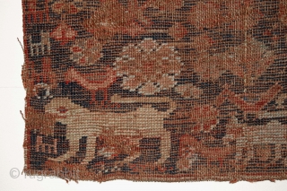 Antique SW Persian rug fragment. Menagerie with a lion, a tiger, a human and more. Lower than low pile. Almost imaginary. Color? Age? 19" x 26"       