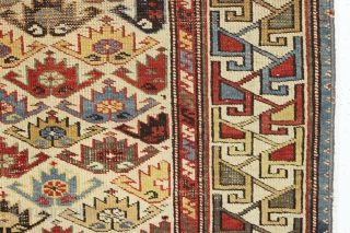 antique ivory ground east caucasian rug with a charming and very unusual design. Probably shirvan. "as found", quite dirty, with scattered wear as shown and some minor edge loss all around. Although  ...