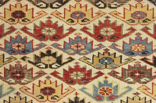 antique ivory ground east caucasian rug with a charming and very unusual design. Probably shirvan. "as found", quite dirty, with scattered wear as shown and some minor edge loss all around. Although  ...