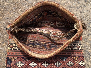 Antique complete flat woven soumak small bag, likely Persian - Afshar? or Bahktiari? All excellent natural colors with nice greens and light blue highlights. Original ends and wrapping. Whites appear to be  ...