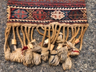 Antique complete flat woven soumak small bag, likely Persian - Afshar? or Bahktiari? All excellent natural colors with nice greens and light blue highlights. Original ends and wrapping. Whites appear to be  ...