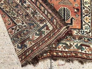 Antique Persian tribal rug with attractive drawing featuring good sized people in fancy dress and charming fan tailed peacocks. Possibly Luri? Overall even low pile with some scattered wear as shown. Interesting  ...