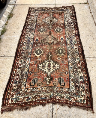 Antique Persian tribal rug with attractive drawing featuring good sized people in fancy dress and charming fan tailed peacocks. Possibly Luri? Overall even low pile with some scattered wear as shown. Interesting  ...