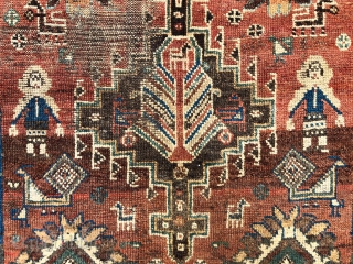 Antique Persian tribal rug with attractive drawing featuring good sized people in fancy dress and charming fan tailed peacocks. Possibly Luri? Overall even low pile with some scattered wear as shown. Interesting  ...