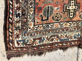 Antique Persian tribal rug with attractive drawing featuring good sized people in fancy dress and charming fan tailed peacocks. Possibly Luri? Overall even low pile with some scattered wear as shown. Interesting  ...