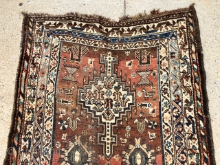 Antique Persian tribal rug with attractive drawing featuring good sized people in fancy dress and charming fan tailed peacocks. Possibly Luri? Overall even low pile with some scattered wear as shown. Interesting  ...