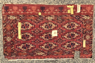 Antique yomud chuval with older spacious drawing good natural colors and a very nice skirt panel. Unfortunately someone needed a patch and cut a piece out. Let’s hope that patch was for  ...