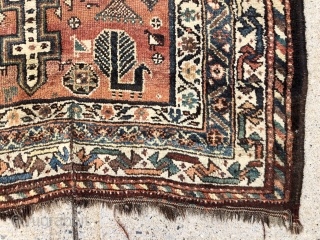 Antique Persian tribal rug with attractive drawing featuring good sized people in fancy dress and charming fan tailed peacocks. Possibly Luri? Overall even low pile with some scattered wear as shown. Interesting  ...