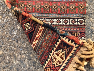 Antique complete flat woven soumak small bag, likely Persian - Afshar? or Bahktiari? All excellent natural colors with nice greens and light blue highlights. Original ends and wrapping. Whites appear to be  ...