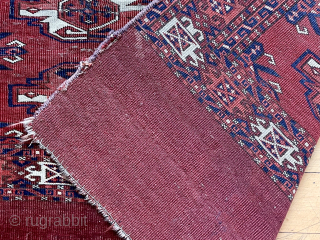 Large turkman Chuval, presumably yomud, with spacious drawing and deep saturated color. Even low pile with some scattered wear. Small sewn up spot. Sides rewrapped with minor loss. Reasonably clean. 
19th c.  ...