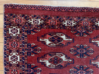 Large turkman Chuval, presumably yomud, with spacious drawing and deep saturated color. Even low pile with some scattered wear. Small sewn up spot. Sides rewrapped with minor loss. Reasonably clean. 
19th c.  ...