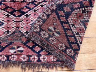 Antique ersari torba or trapping. Attractive design. Bit rough as found. Good colors including some yellow highlights. Goat hair warps. Reasonably clean. 
 19th c.15” x 46”
Asking $295 or bo.
   