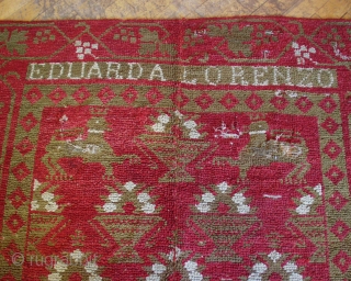 Antique European looped pile carpet. Interesting old rug I know nothing about. Appears to have good age and attractive design. Needs cleaning and restoration. 5' 5" x 7' 5"
    