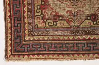 antique khotan rug with an interesting design but in poor condition. As found, dirty with old good colors and heavy wear as shown. Study piece for the east Turkestan aficionado? mid 19th  ...