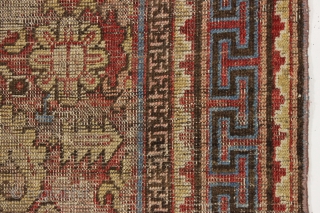 antique khotan rug with an interesting design but in poor condition. As found, dirty with old good colors and heavy wear as shown. Study piece for the east Turkestan aficionado? mid 19th  ...
