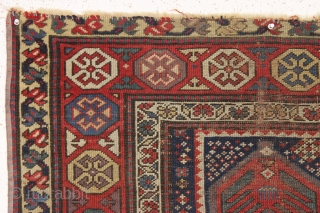 early caucasian prayer rug with an unusual and beautiful design. All natural colors featuring a fine old purple. As found, very very dirty, thin, with wear as shown. Could be restored or  ...