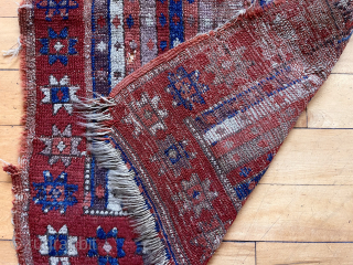 Antique Turkish yastik in less than perfect condition. Attractive stripe design with an unusual older color palette. Deep madder purples and reds but not the expected cochineal. Reasonably clean. 19th c. 24”  ...