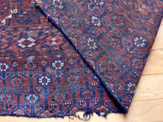 Antique large turkman ersari chuval. Worn and very dirty but with some interesting features. Looks like some attractive greens under the dirt and an uncommon skirt panel design. Could be quite attractive  ...