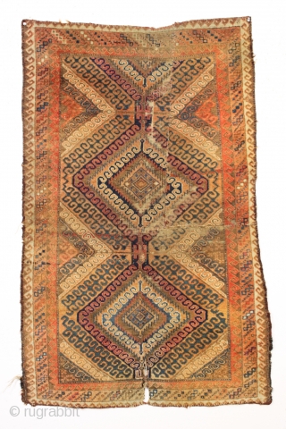 antique baluch rug. I know the colors look unusual but this rug does have a most unusual color palette. In "as found" condition, very dirty, just picked from a New England home.  ...