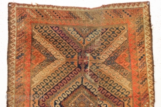 antique baluch rug. I know the colors look unusual but this rug does have a most unusual color palette. In "as found" condition, very dirty, just picked from a New England home.  ...