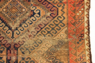 antique baluch rug. I know the colors look unusual but this rug does have a most unusual color palette. In "as found" condition, very dirty, just picked from a New England home.  ...