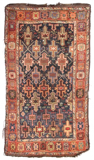 Color, color, color. Antique persian village rug with superb saturated natural colors. Interesting mottled color effects with some original dark wool dyed blue. Clean with lustrous pile. Dark wool foundation. "as found",  ...