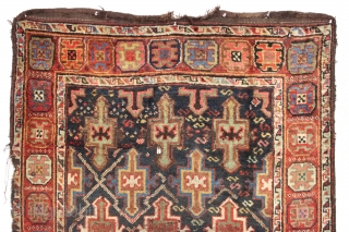 Color, color, color. Antique persian village rug with superb saturated natural colors. Interesting mottled color effects with some original dark wool dyed blue. Clean with lustrous pile. Dark wool foundation. "as found",  ...