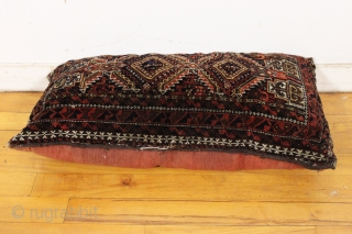 antique baluch balisht. A pillow made into a pillow. Good pile and good colors. Phat as found. Late 19th c. about 14" x 31"         