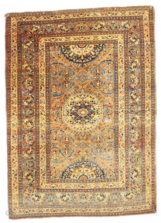 antique tabriz rug. Local find. Genuine older tabriz with a rare terrific design and characteristic early colors. Fine weave. As found, good even tight pile with a few small spots of wear  ...