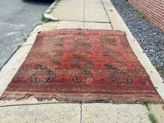 Old ersari carpet in rough condition. Older drawn guls and some interesting colors. As found, very dirty and very worn. Priced accordingly. 19th c. 7'10" x 8'8"      