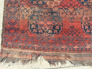 Old ersari carpet in rough condition. Older drawn guls and some interesting colors. As found, very dirty and very worn. Priced accordingly. 19th c. 7'10" x 8'8"      