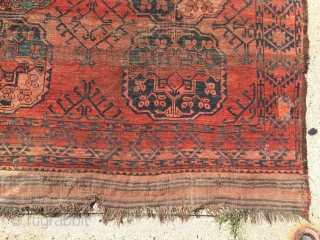 Old ersari carpet in rough condition. Older drawn guls and some interesting colors. As found, very dirty and very worn. Priced accordingly. 19th c. 7'10" x 8'8"      