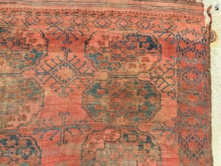 Old ersari carpet in rough condition. Older drawn guls and some interesting colors. As found, very dirty and very worn. Priced accordingly. 19th c. 7'10" x 8'8"      