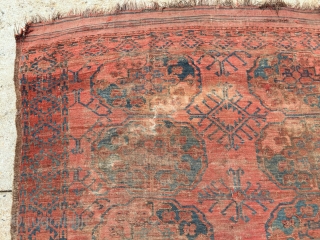 Old ersari carpet in rough condition. Older drawn guls and some interesting colors. As found, very dirty and very worn. Priced accordingly. 19th c. 7'10" x 8'8"      