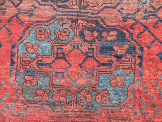 Old ersari carpet in rough condition. Older drawn guls and some interesting colors. As found, very dirty and very worn. Priced accordingly. 19th c. 7'10" x 8'8"      