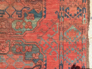 Old ersari carpet in rough condition. Older drawn guls and some interesting colors. As found, very dirty and very worn. Priced accordingly. 19th c. 7'10" x 8'8"      