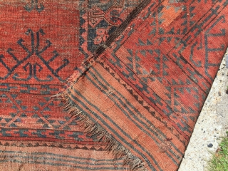 Old ersari carpet in rough condition. Older drawn guls and some interesting colors. As found, very dirty and very worn. Priced accordingly. 19th c. 7'10" x 8'8"      