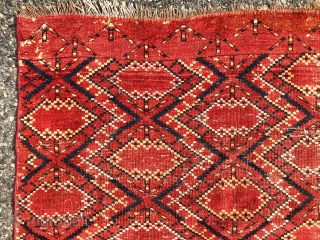 Antique very large Ikat inspired turkman chuval with some unusual structural features. Appears to have ivory cotton wefting and partial mixed cotton/wool warps. Pile varies from good low pile to very low  ...