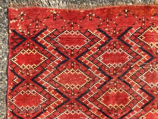 Antique very large Ikat inspired turkman chuval with some unusual structural features. Appears to have ivory cotton wefting and partial mixed cotton/wool warps. Pile varies from good low pile to very low  ...