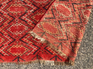 Antique very large Ikat inspired turkman chuval with some unusual structural features. Appears to have ivory cotton wefting and partial mixed cotton/wool warps. Pile varies from good low pile to very low  ...